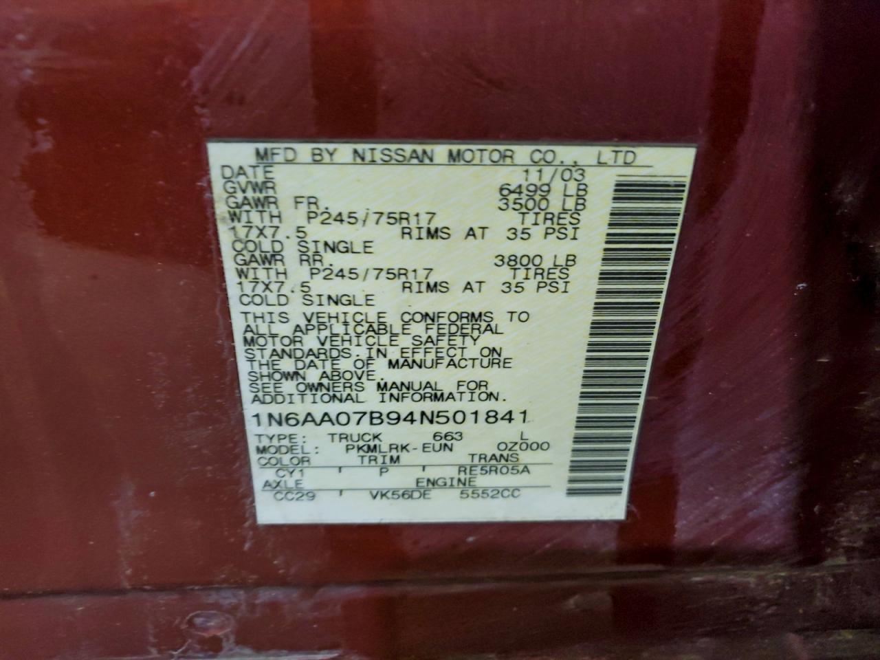 2004 Nissan Titan Xe VIN: 1N6AA07B94N501841 Lot: 97739315