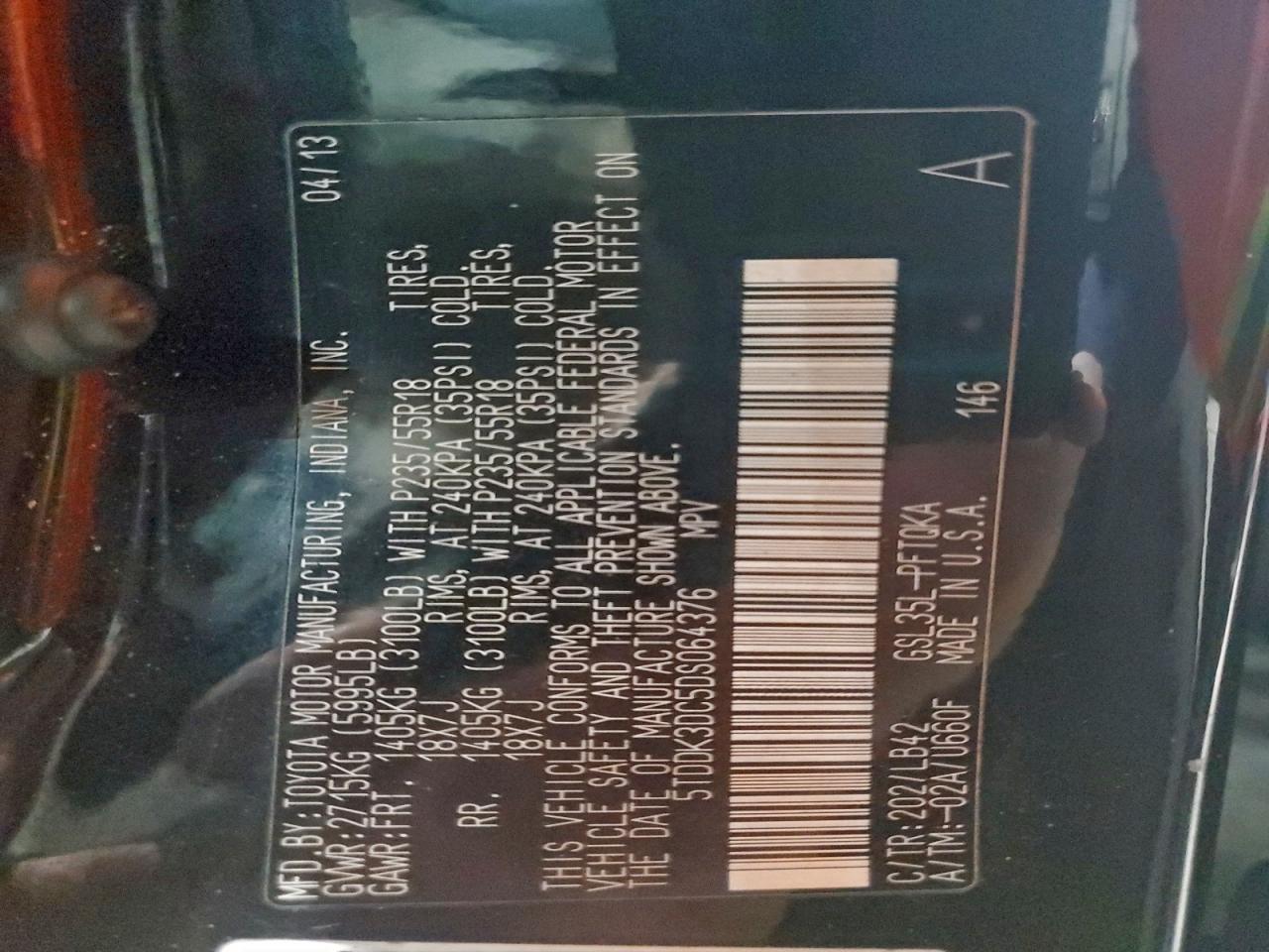 2013 Toyota Sienna Xle VIN: 5TDDK3DC5DS064376 Lot: 94694425