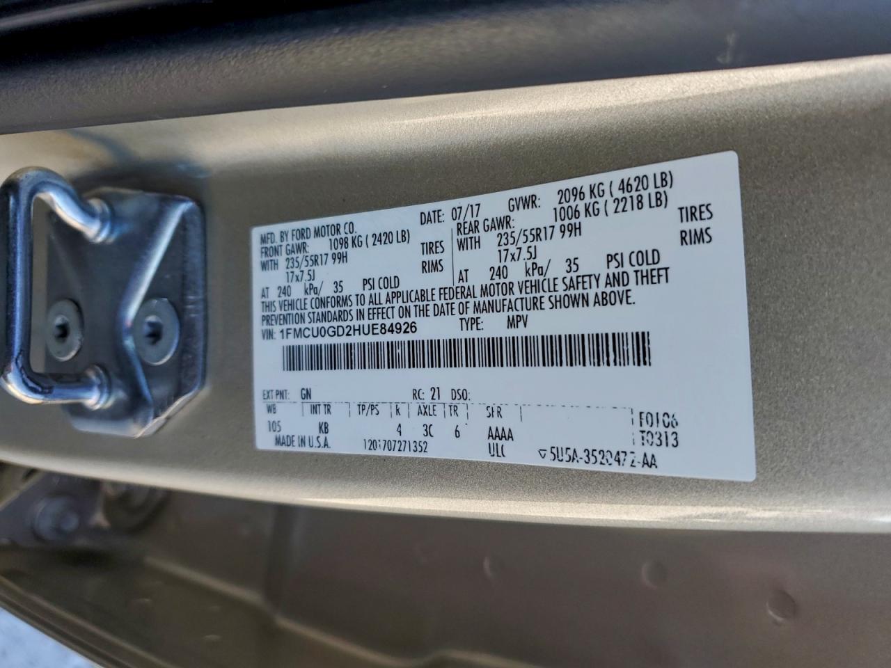 2017 Ford Escape Se VIN: 1FMCU0GD2HUE84926 Lot: 96893915