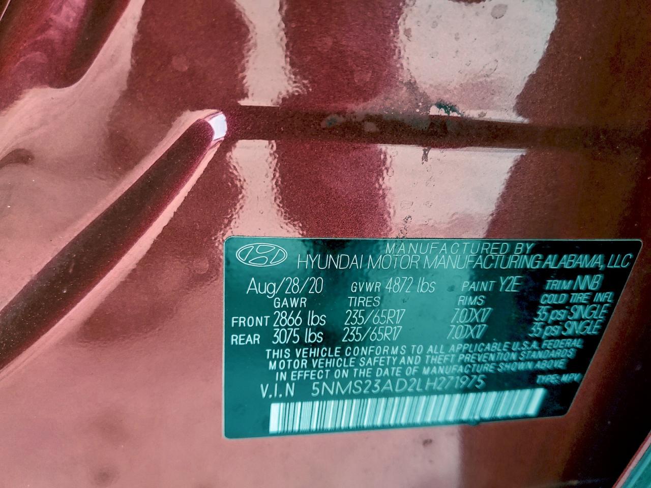 2020 Hyundai Santa Fe Se VIN: 5NMS23AD2LH271975 Lot: 94742595