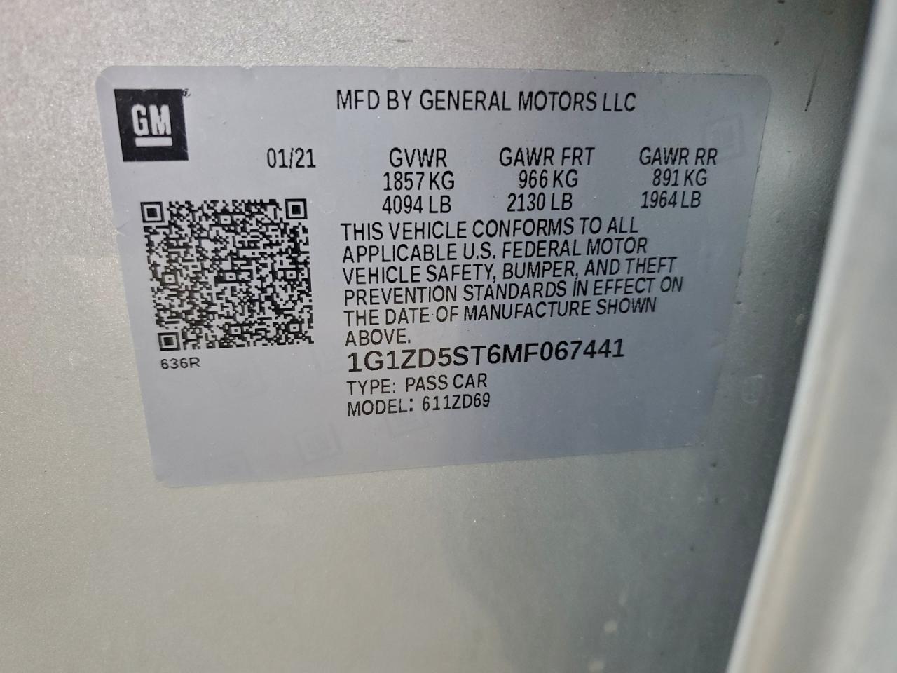 2021 Chevrolet Malibu Lt VIN: 1G1ZD5ST6MF067441 Lot: 96613275