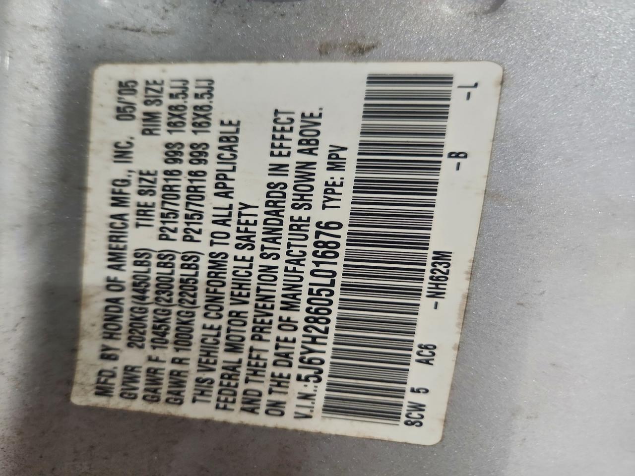 2005 Honda Element Ex VIN: 5J6YH28605L016876 Lot: 95872495