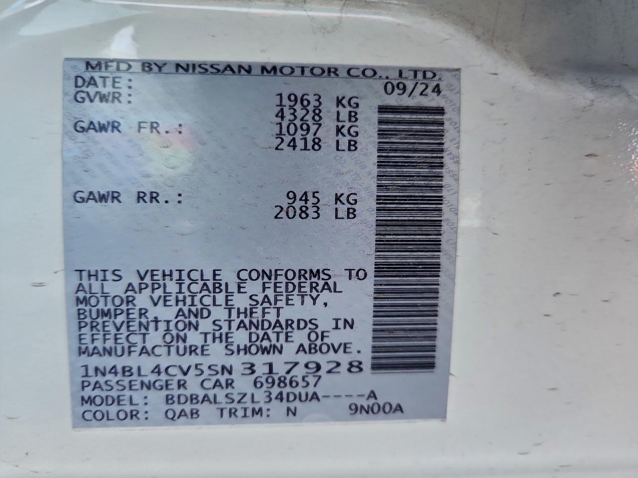 2025 Nissan Altima Sr VIN: 1N4BL4CV5SN317928 Lot: 95107015