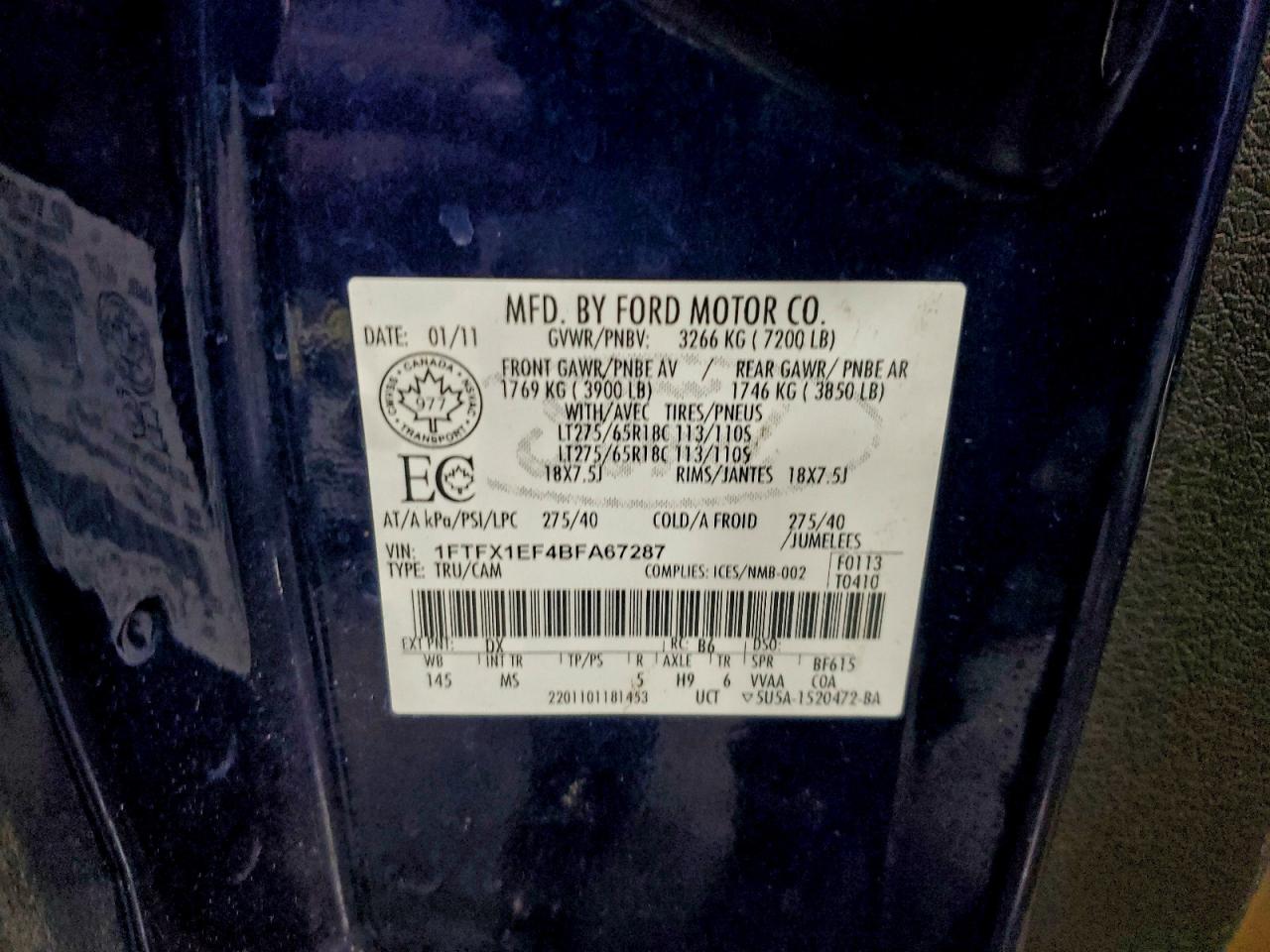 2011 Ford F150 Super Cab VIN: 1FTFX1EF4BFA67287 Lot: 95409155