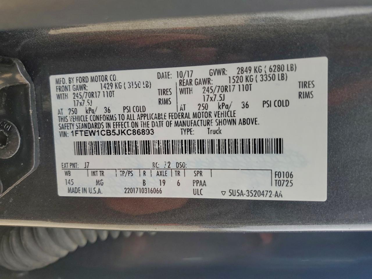 2018 Ford F150 Supercrew VIN: 1FTEW1CB5JKC86893 Lot: 95252355