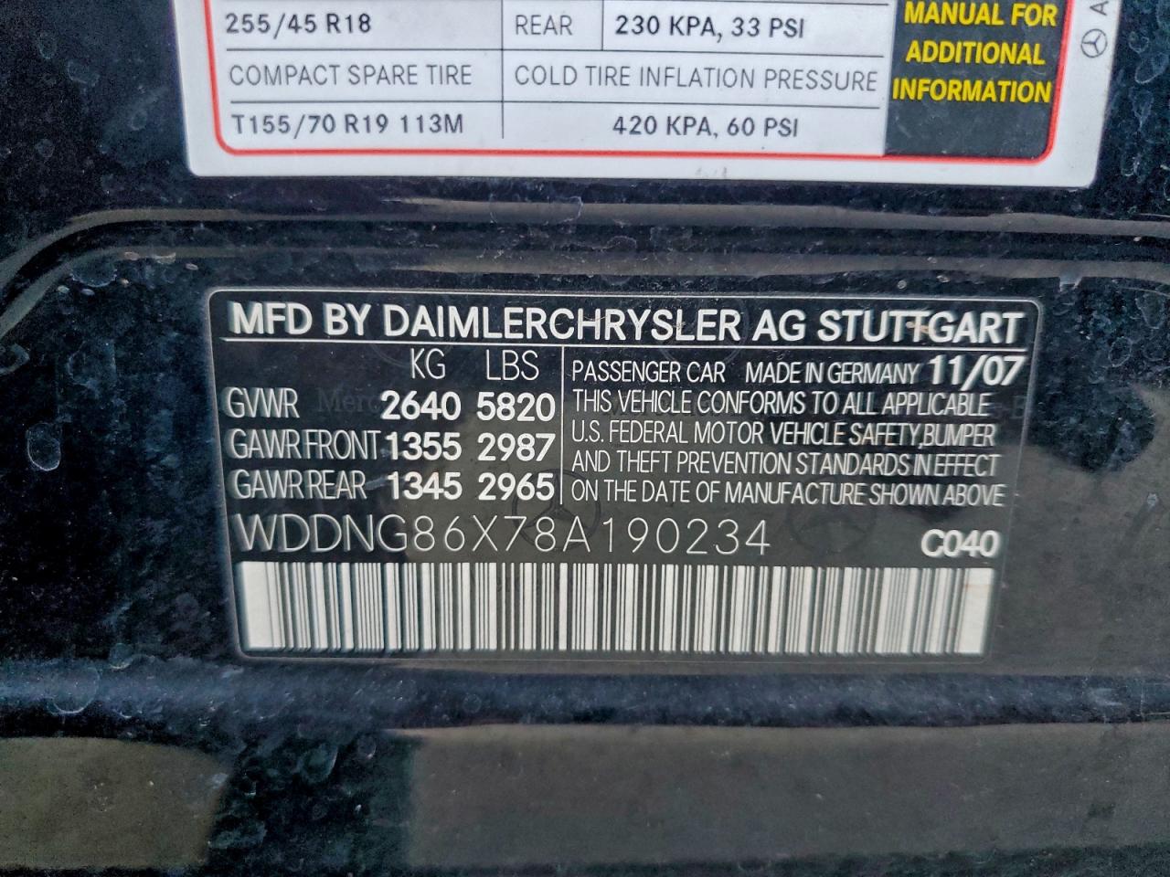 2008 Mercedes-Benz S 550 4Matic VIN: WDDNG86X78A190234 Lot: 97332575