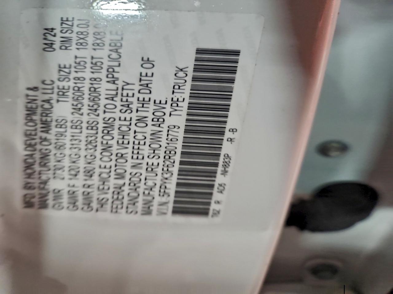 2024 Honda Ridgeline Trail Sport VIN: 5FPYK3F62RB016779 Lot: 94338245