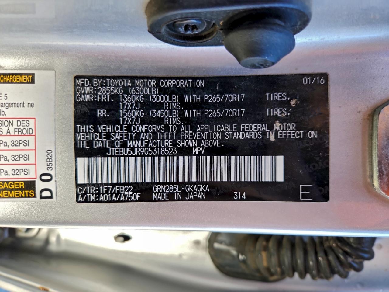 2016 Toyota 4Runner Sr5/Sr5 Premium VIN: JTEBU5JR9G5318523 Lot: 94698955