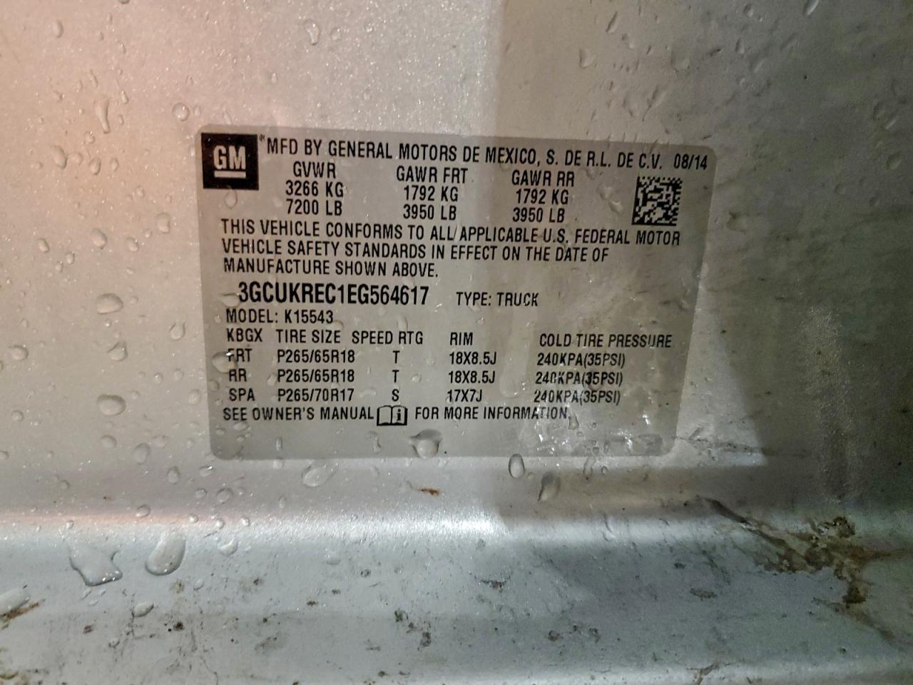 2014 Chevrolet Silverado K1500 Lt VIN: 3GCUKREC1EG564617 Lot: 92751905