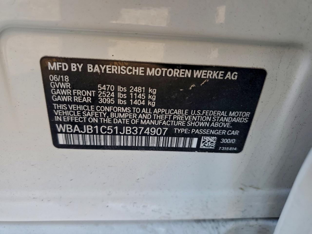 2018 BMW 530Xe VIN: WBAJB1C51JB374907 Lot: 94316525