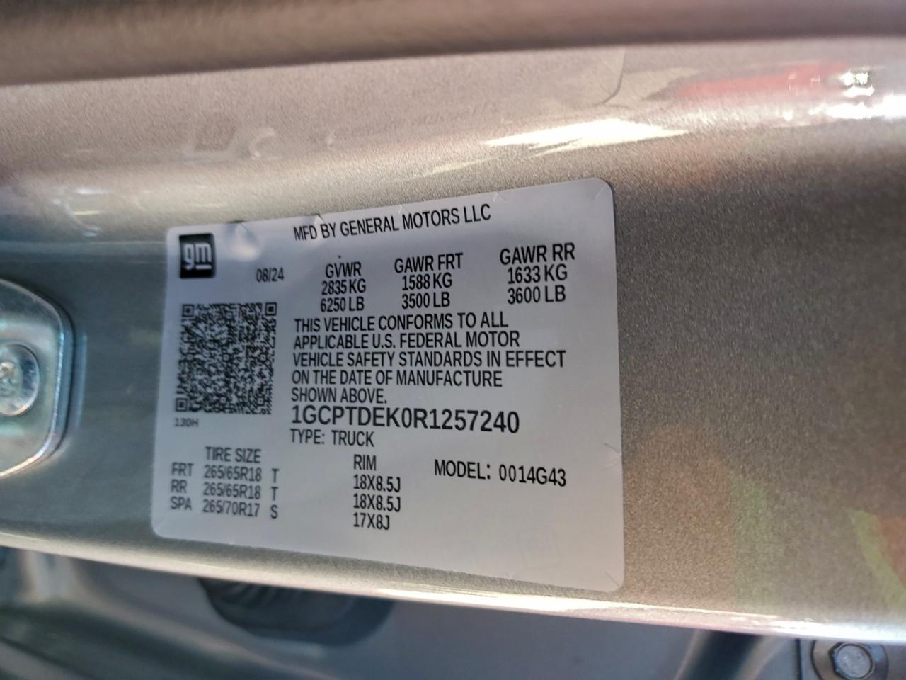 2024 Chevrolet Colorado Z71 VIN: 1GCPTDEK0R1257240 Lot: 94924095