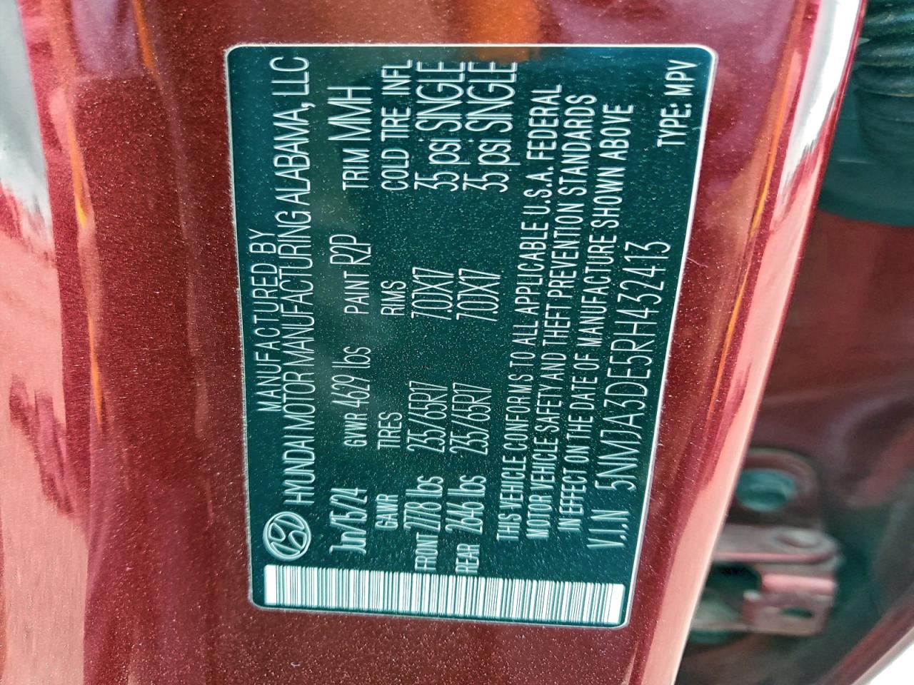 2024 Hyundai Tucson Se VIN: 5NMJA3DE5RH432413 Lot: 95795315