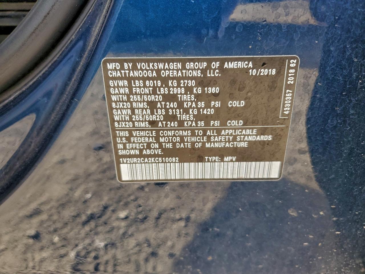 2019 Volkswagen Atlas Se VIN: 1V2UR2CA2KC510082 Lot: 95690065