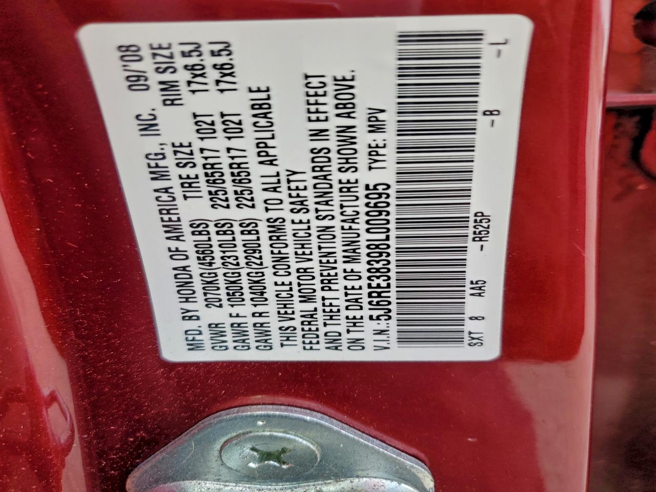 2008 Honda Cr-V Lx VIN: 5J6RE38398L009695 Lot: 95546945