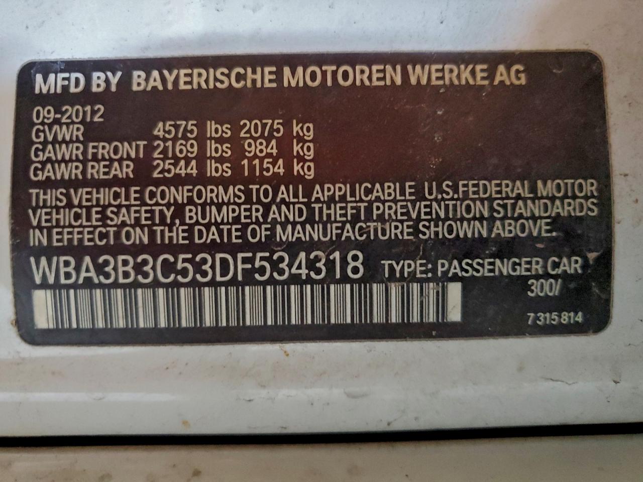 2013 BMW 328 Xi VIN: WBA3B3C53DF534318 Lot: 97334285