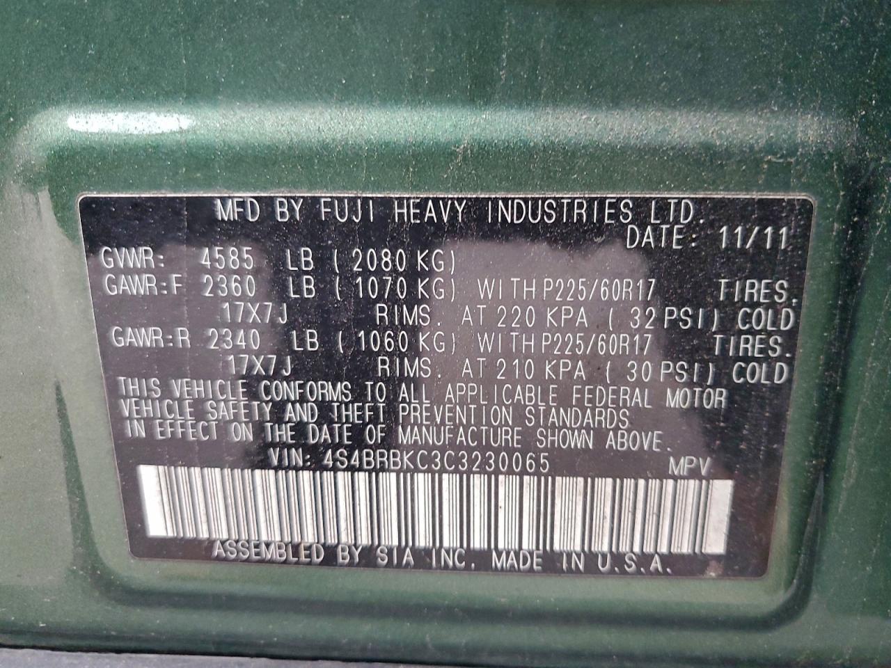 2012 Subaru Outback 2.5I Limited VIN: 4S4BRBKC3C3230065 Lot: 95968105