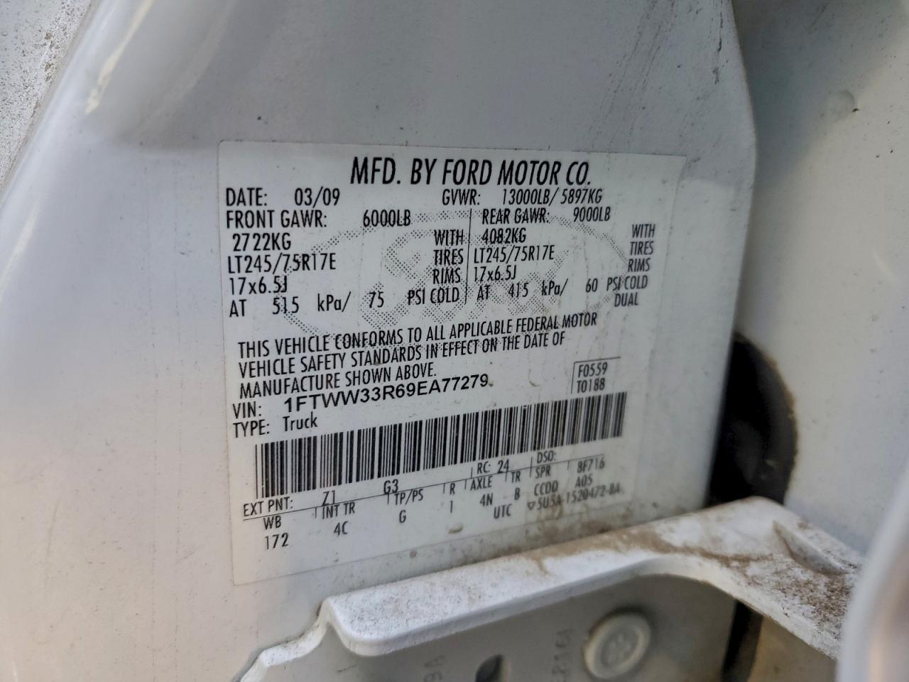 2009 Ford F350 Super Duty VIN: 1FTWW33R69EA77279 Lot: 91715735