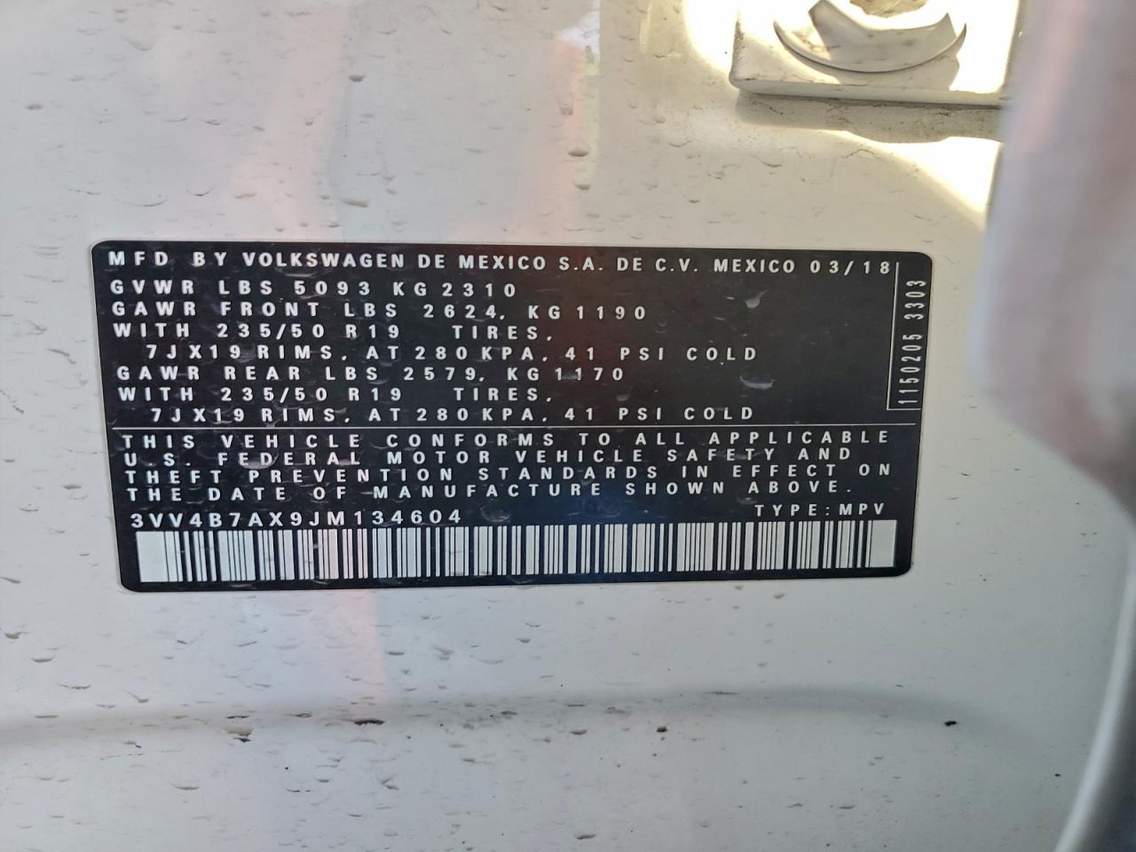 2018 Volkswagen Tiguan Sel Premium VIN: 3VV4B7AX9JM134604 Lot: 96318485