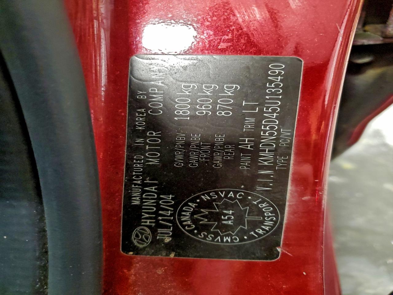 2005 Hyundai Elantra Gls VIN: KMHDN55D45U135490 Lot: 95286125