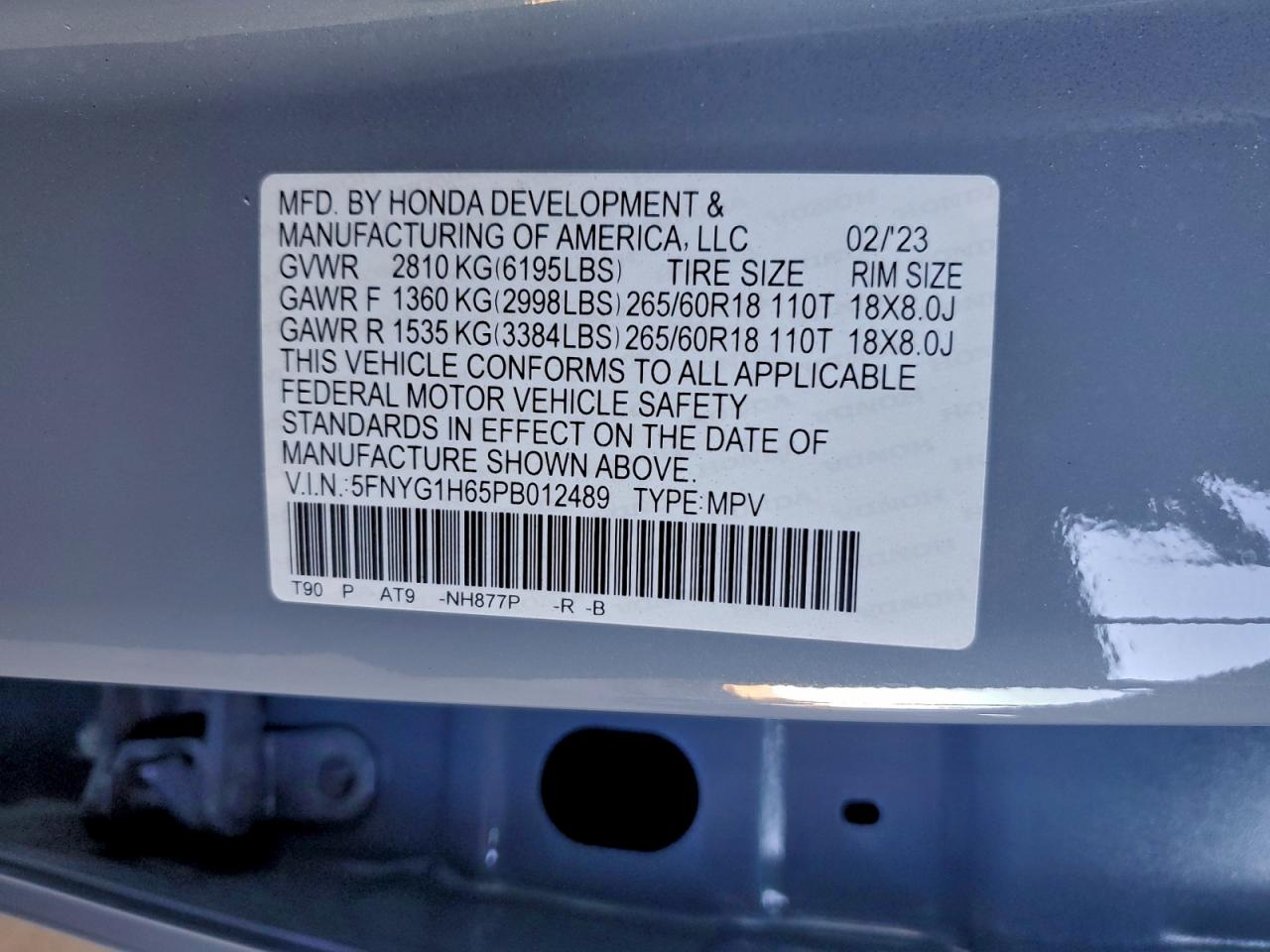 2023 Honda Pilot Trailsport VIN: 5FNYG1H65PB012489 Lot: 95691385