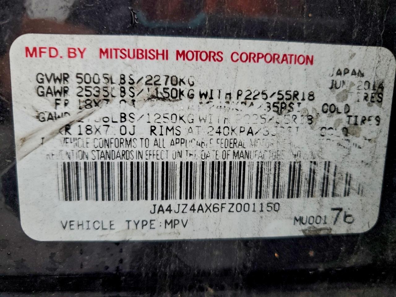 2015 Mitsubishi Outlander Gt VIN: JA4JZ4AX6FZ001150 Lot: 94159905