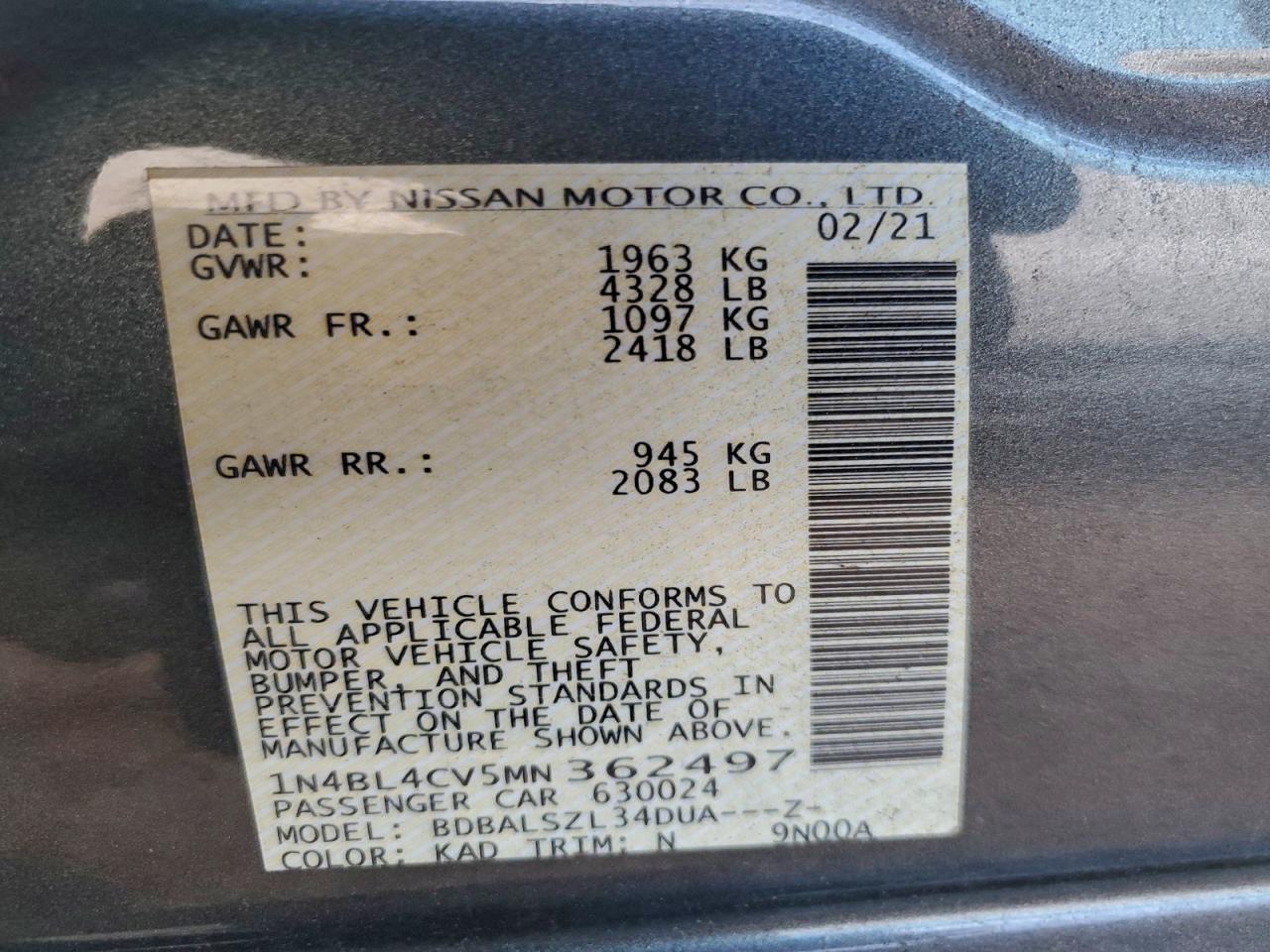 2021 Nissan Altima Sr VIN: 1N4BL4CV5MN362497 Lot: 95396295