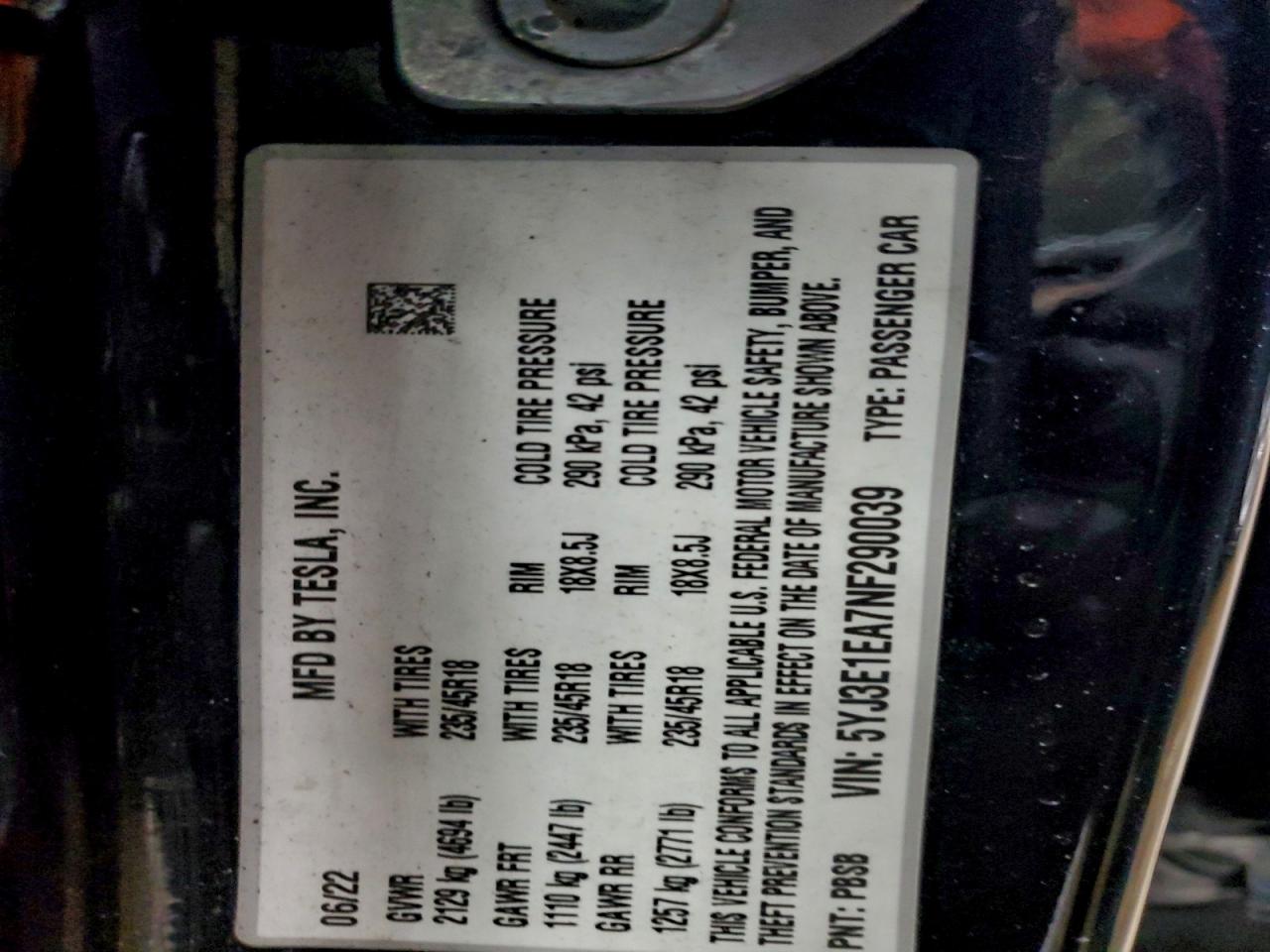 2022 Tesla Model 3 VIN: 5YJ3E1EA7NF290039 Lot: 94549835