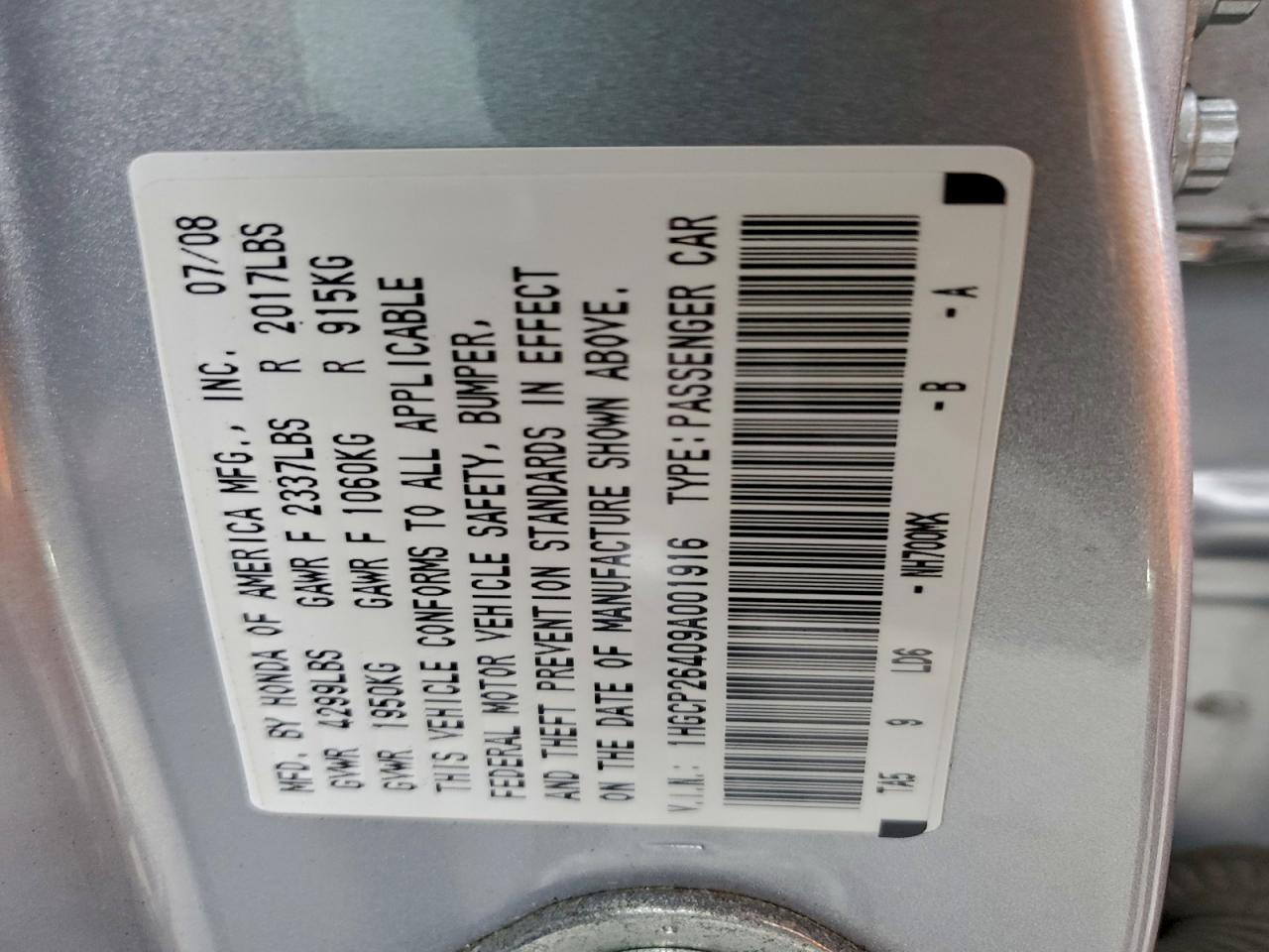 2009 Honda Accord Lxp VIN: 1HGCP26409A001916 Lot: 96077435