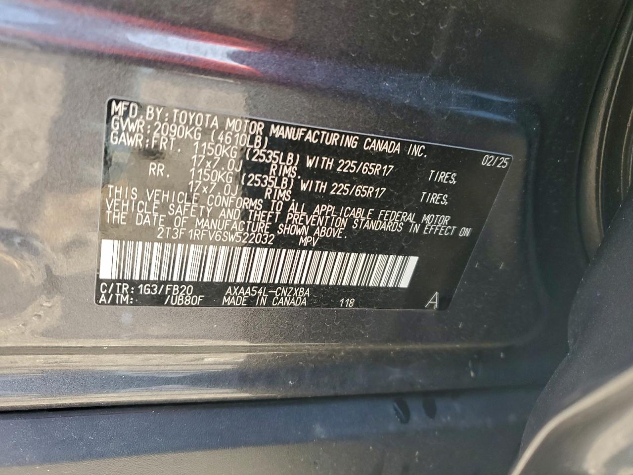 2025 Toyota Rav4 Le VIN: 2T3F1RFV6SW522032 Lot: 93444315