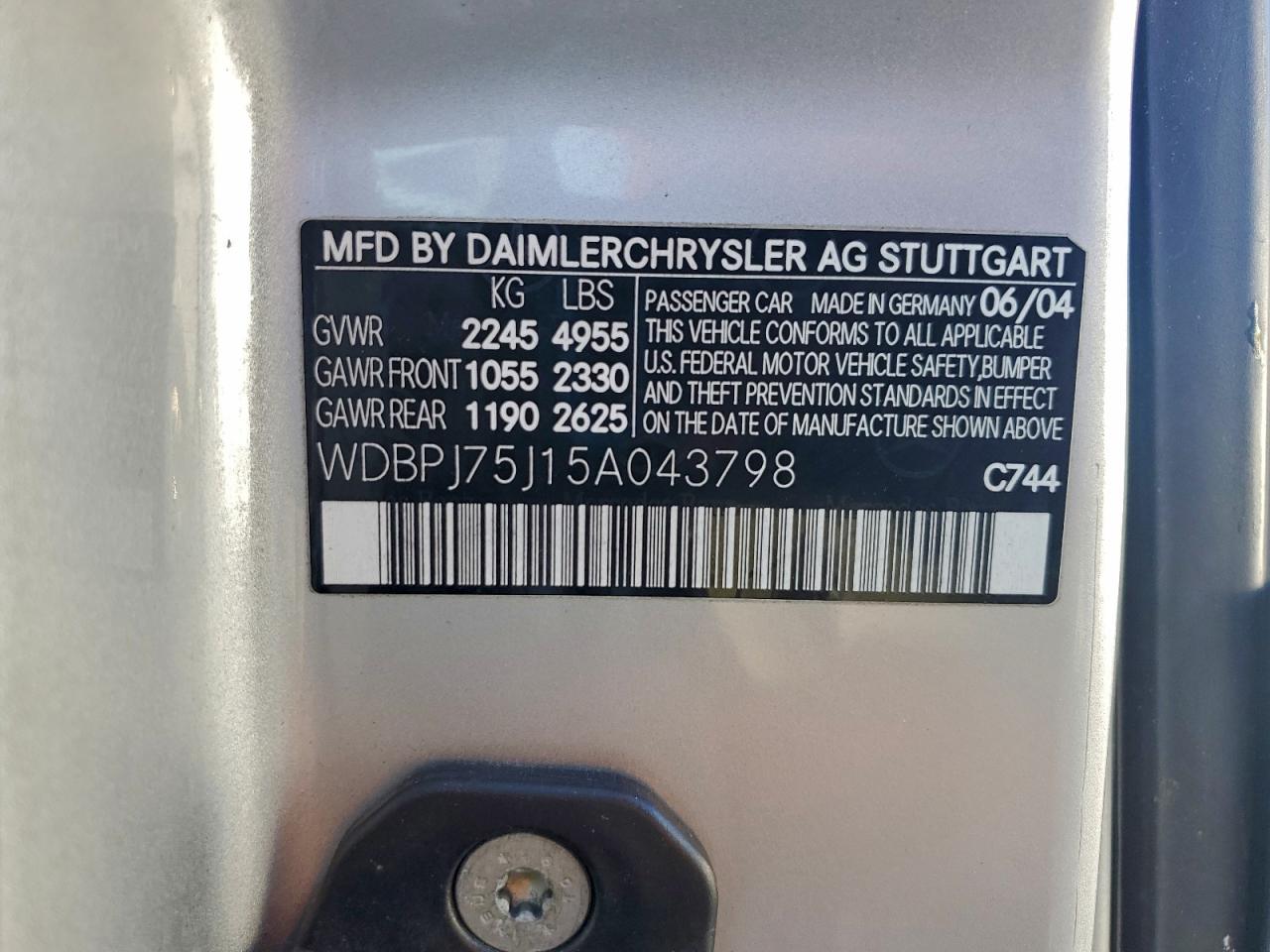 2005 Mercedes-Benz Cl 500 VIN: WDBPJ75J15A043798 Lot: 96959315