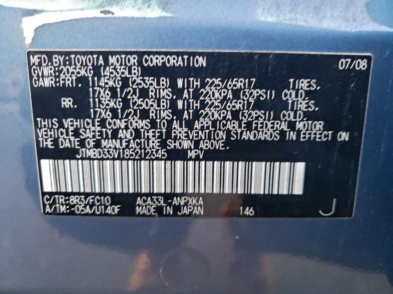 2008 Toyota Rav4 VIN: JTMBD33V185212345 Lot: 95212465