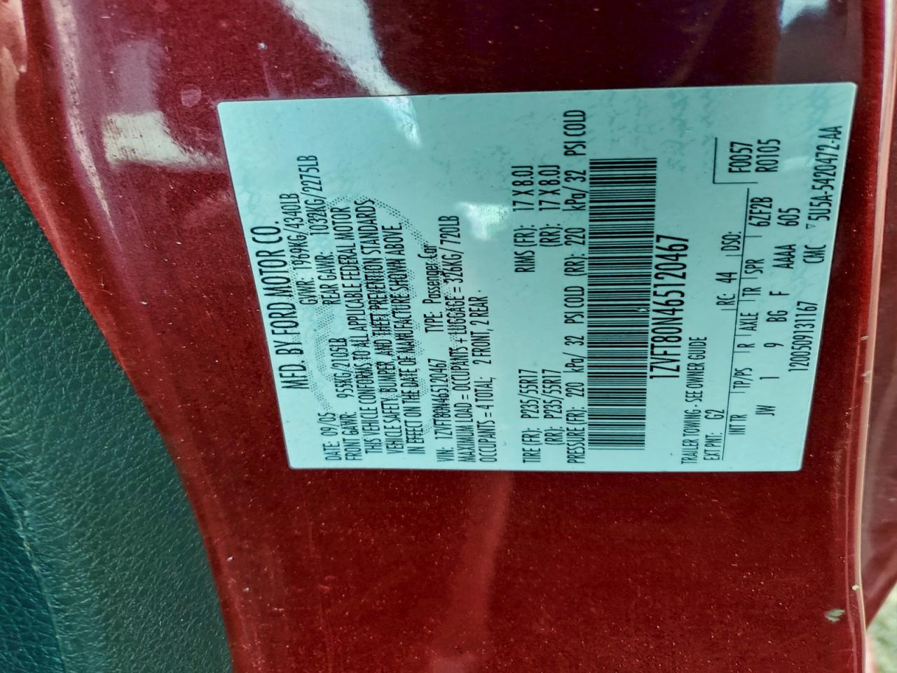 2006 Ford Mustang VIN: 1ZVFT80N465120467 Lot: 94760935