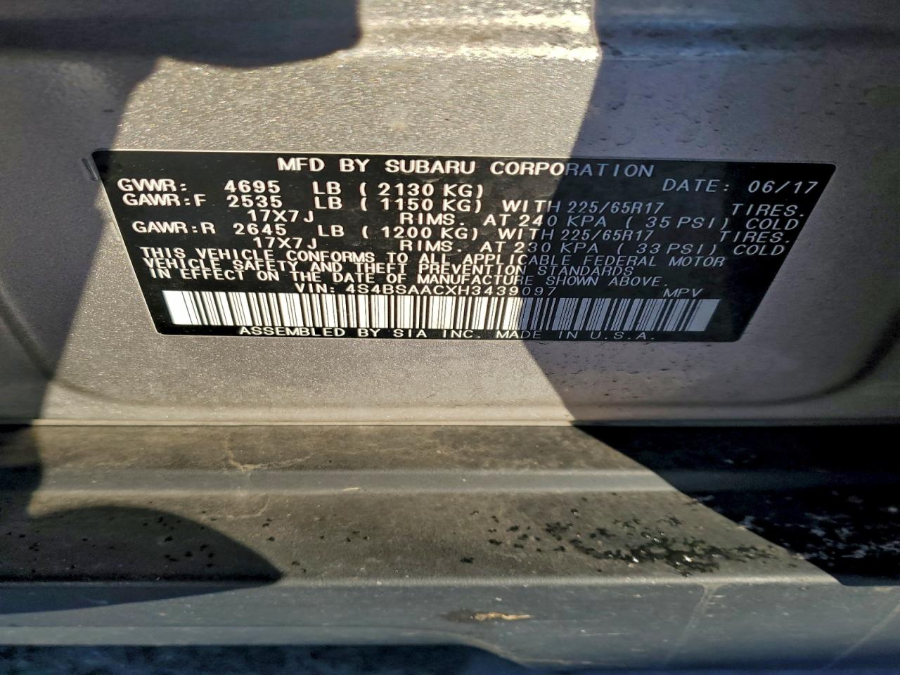 2017 Subaru Outback 2.5I VIN: 4S4BSAACXH3439097 Lot: 96010625