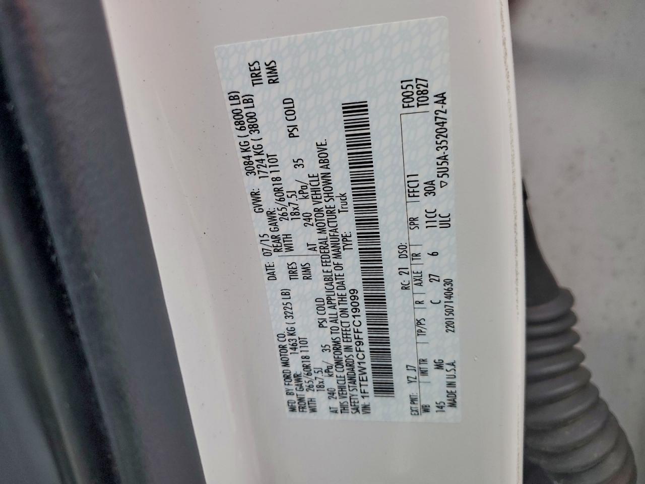 2015 Ford F150 Supercrew VIN: 1FTEW1CF9FFC19099 Lot: 94354405