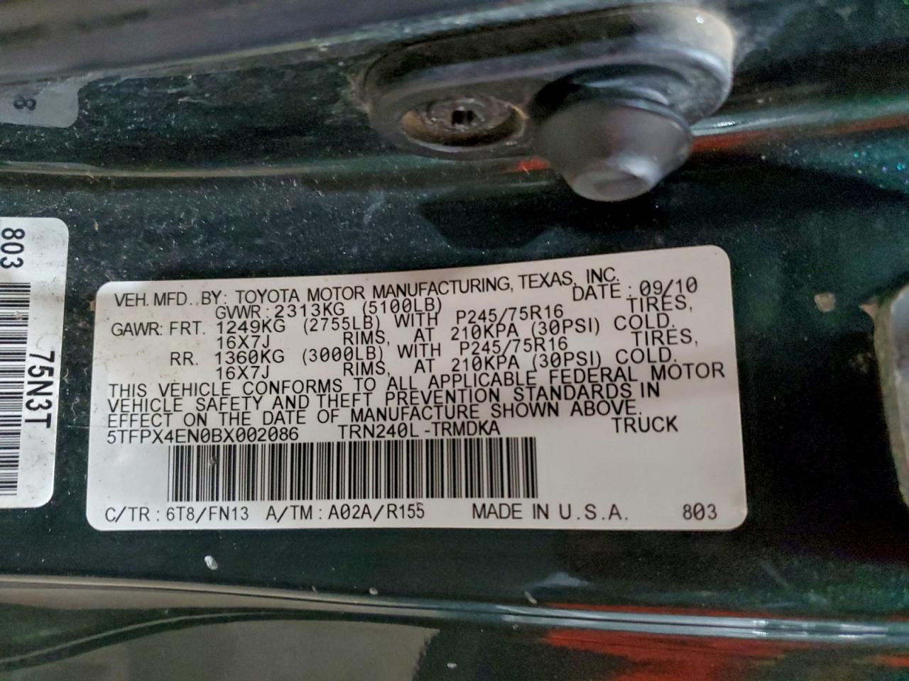 2011 Toyota Tacoma VIN: 5TFPX4EN0BX002086 Lot: 96499955