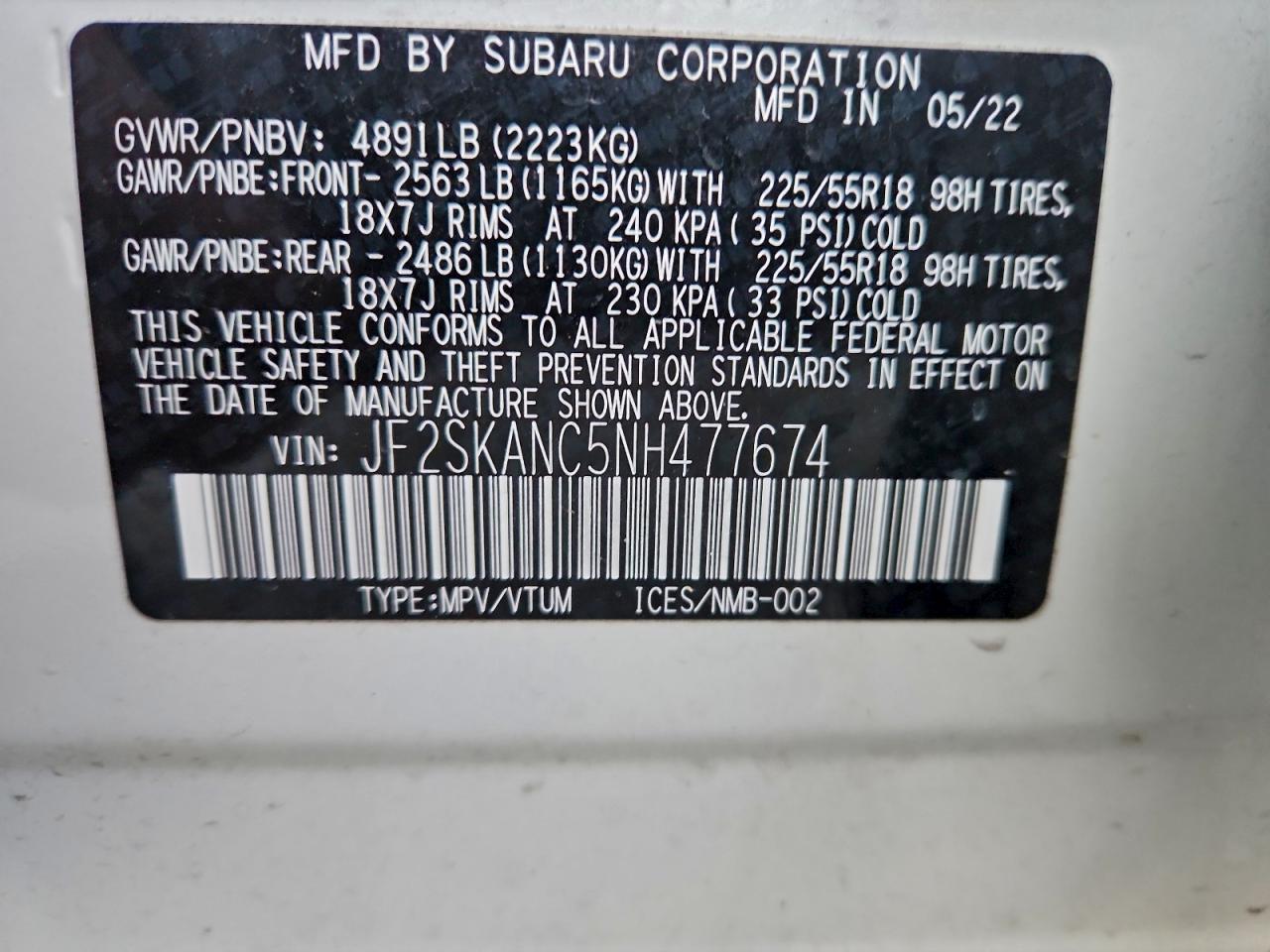 2022 Subaru Forester Limited VIN: JF2SKANC5NH477674 Lot: 96798785