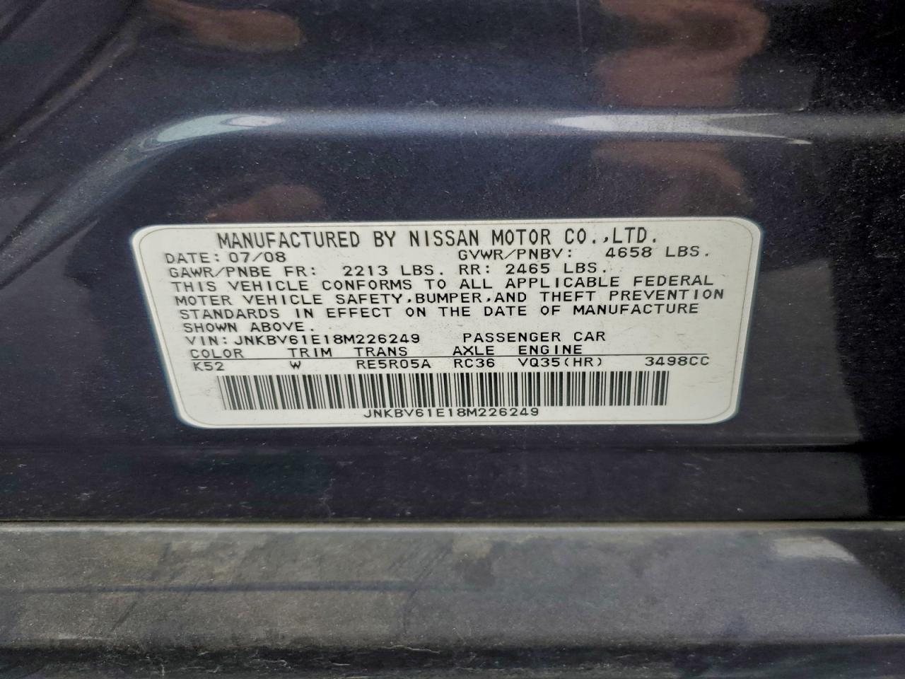 2008 Infiniti G35 VIN: JNKBV61E18M226249 Lot: 95792815