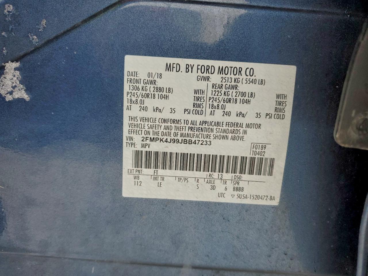 2018 Ford Edge Sel VIN: 2FMPK4J99JBB47233 Lot: 94707675