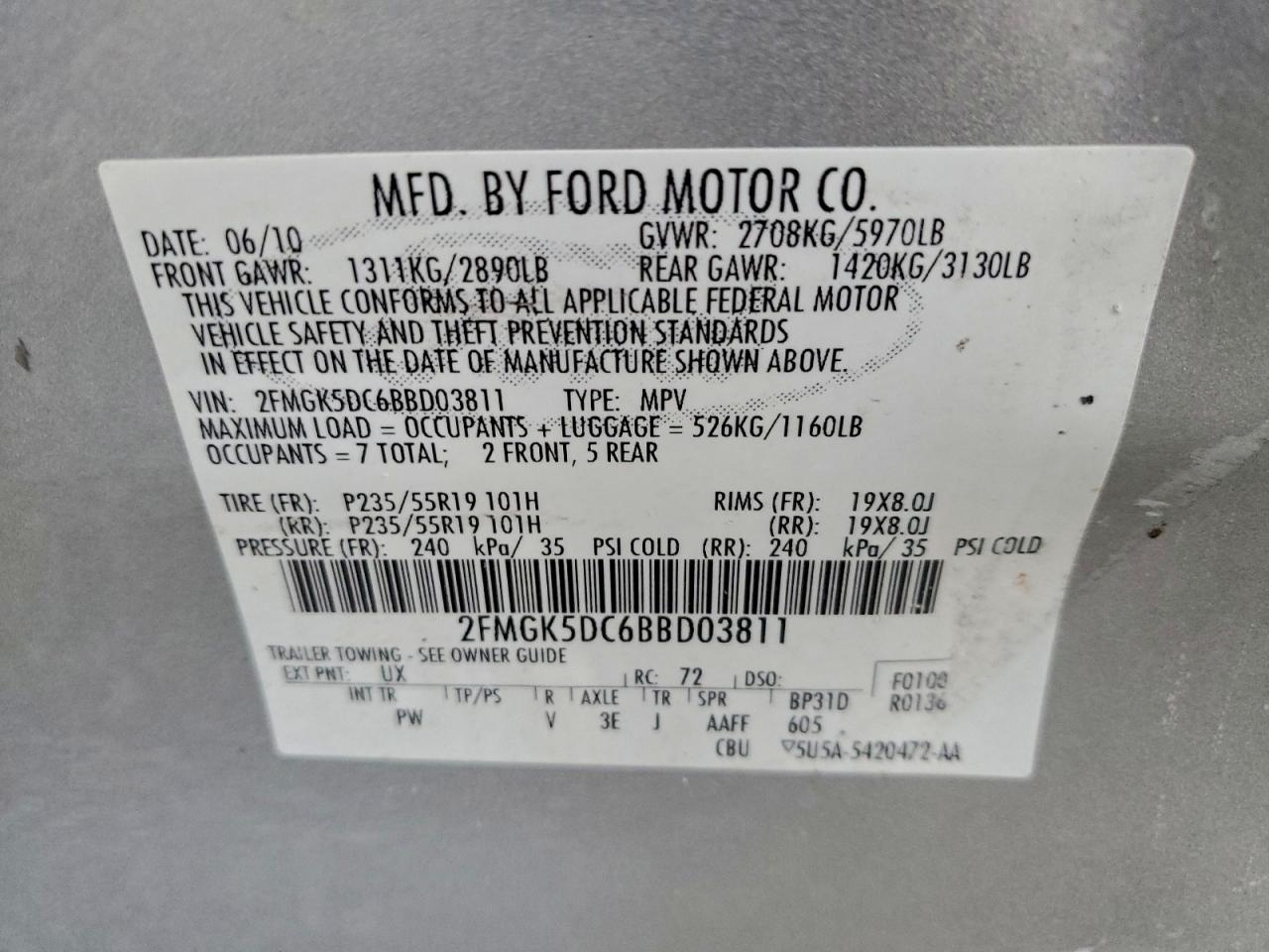 2011 Ford Flex Limited VIN: 2FMGK5DC6BBD03811 Lot: 94723185