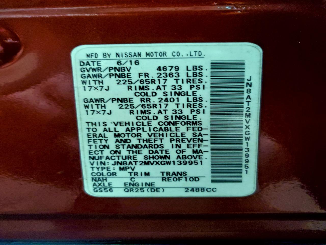 2016 Nissan Rogue S VIN: JN8AT2MVXGW139951 Lot: 95894085