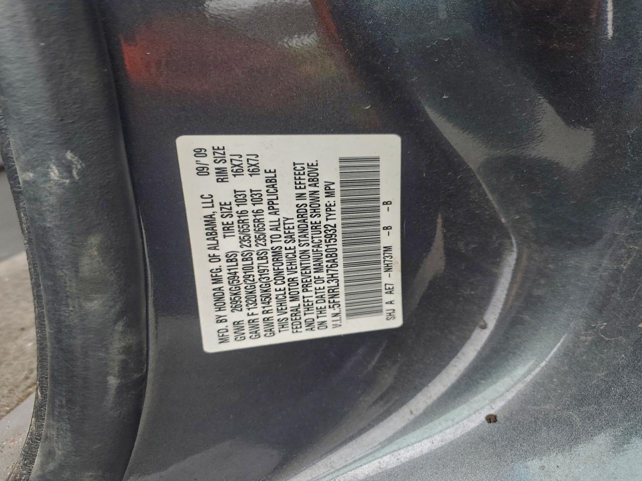 2010 Honda Odyssey Exl VIN: 5FNRL3H76AB015932 Lot: 95115505