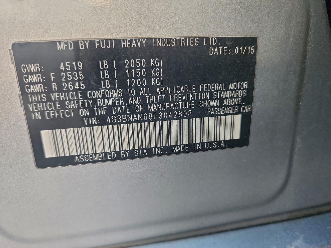 2015 Subaru Legacy 2.5I Limited VIN: 4S3BNAN68F3042808 Lot: 95452875