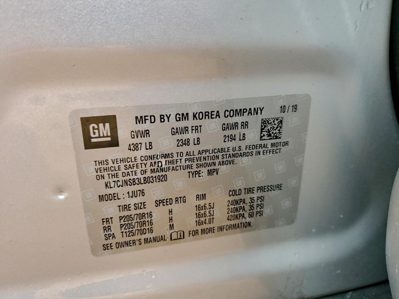 2020 Chevrolet Trax Ls VIN: KL7CJNSB3LB031920 Lot: 95700265