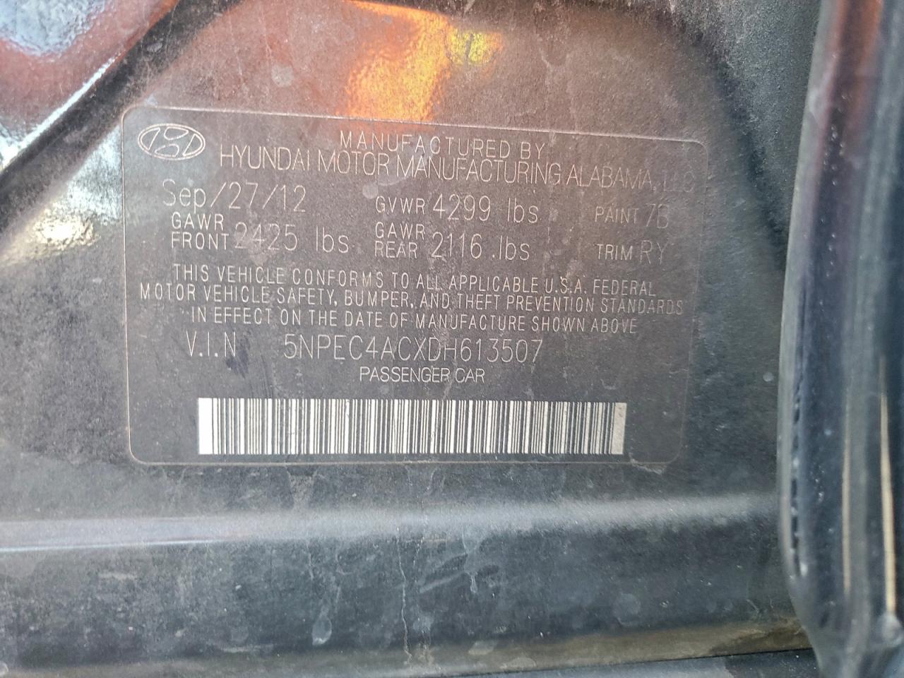 2013 Hyundai Sonata Se VIN: 5NPEC4ACXDH613507 Lot: 96566815