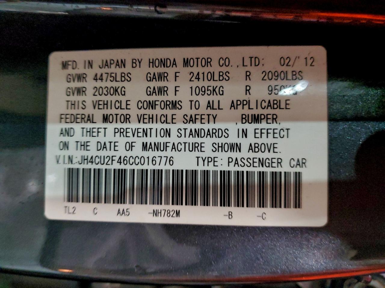 2012 Acura Tsx VIN: JH4CU2F46CC016776 Lot: 91656205