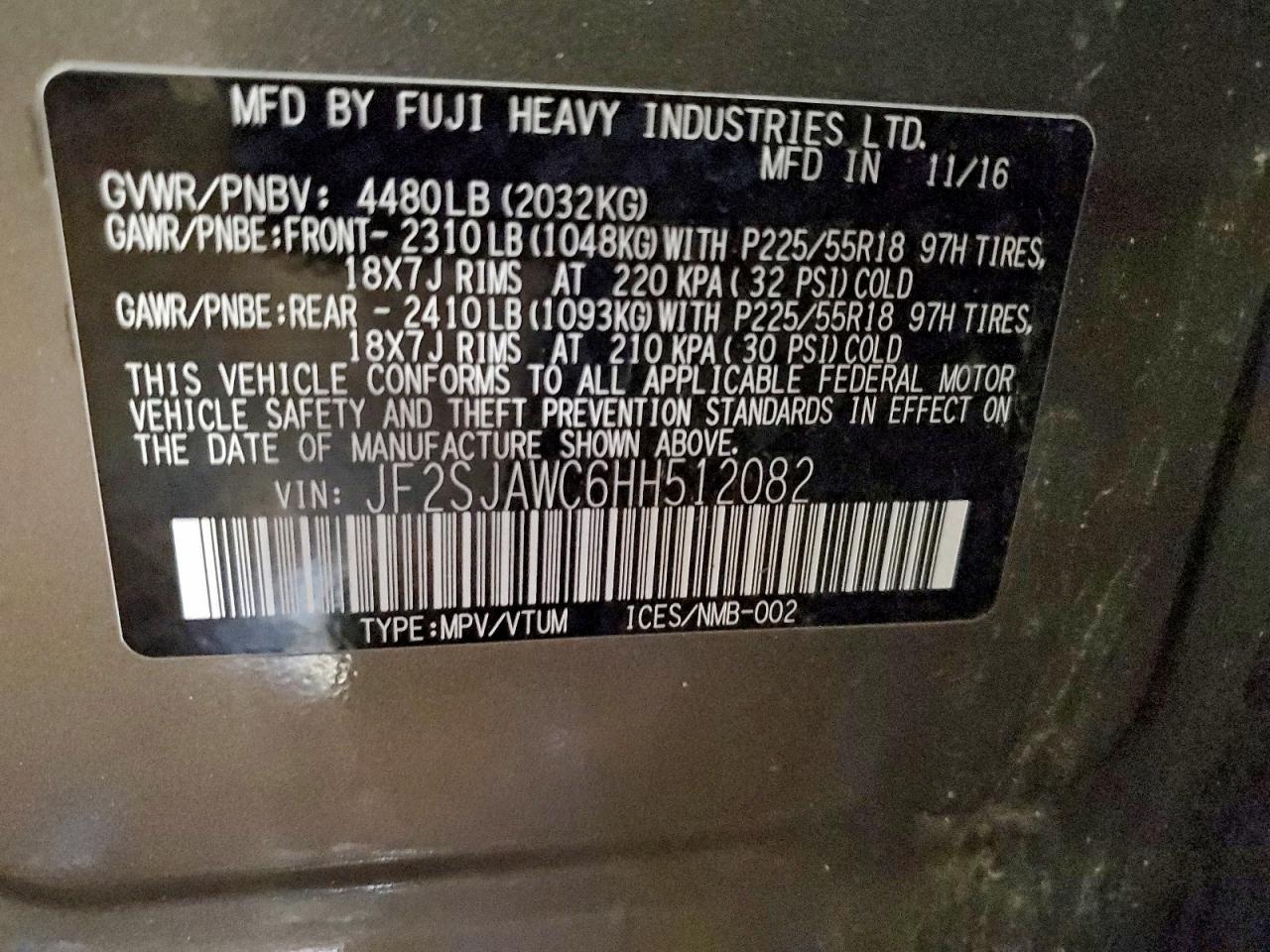 2017 Subaru Forester 2.5I Touring VIN: JF2SJAWC6HH512082 Lot: 96111655