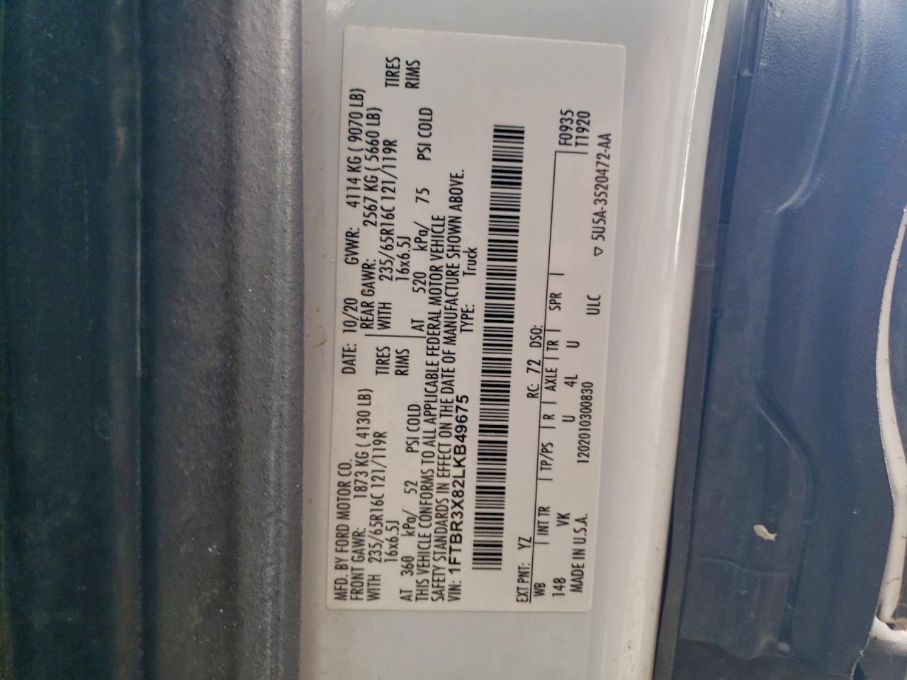 2020 Ford Transit T-250 VIN: 1FTBR3X82LKB49675 Lot: 92711705