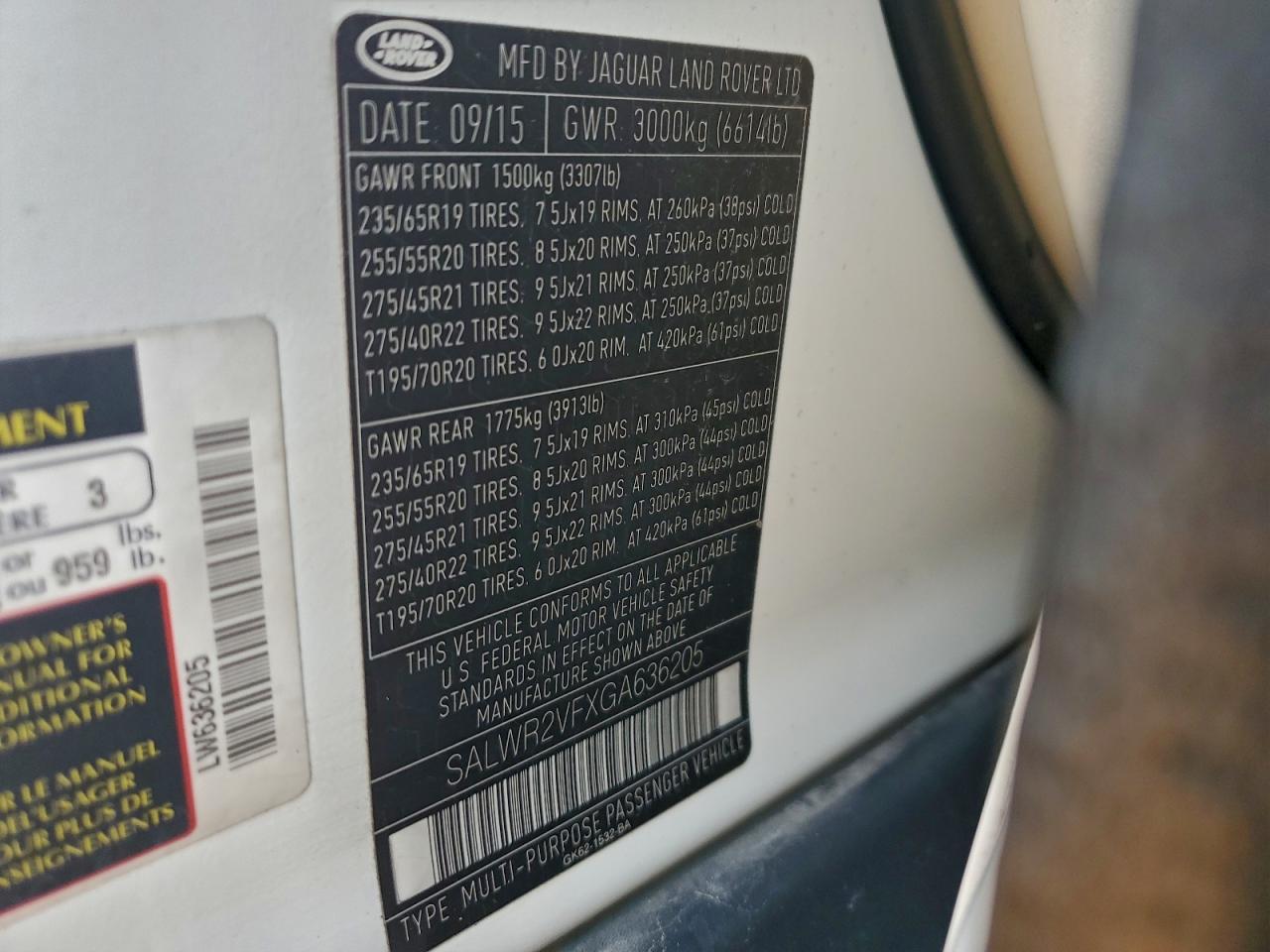 2016 Land Rover Range Rover Sport Hse VIN: SALWR2VFXGA636205 Lot: 97406525