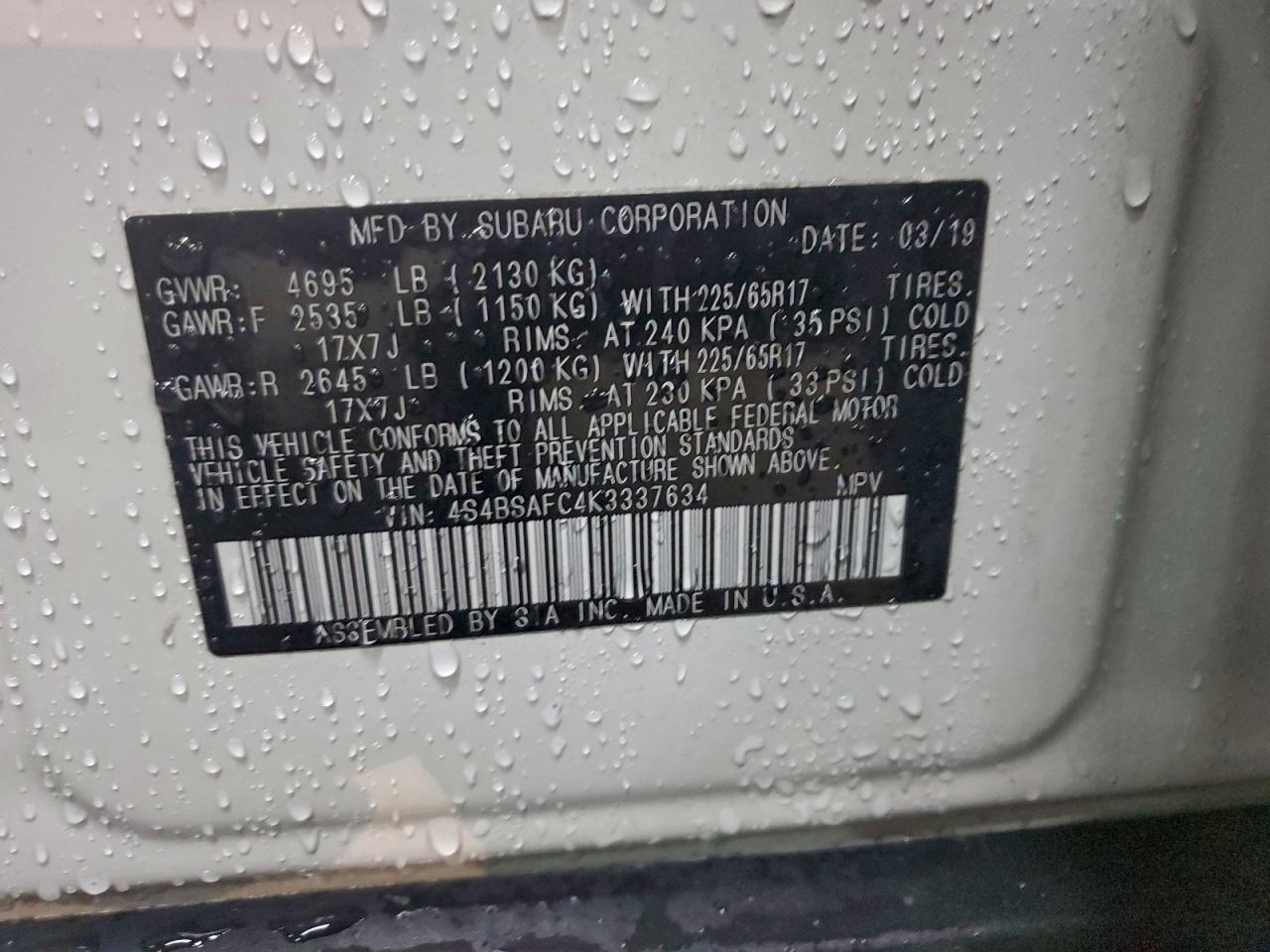 2019 Subaru Outback 2.5I Premium VIN: 4S4BSAFC4K3337634 Lot: 94771045