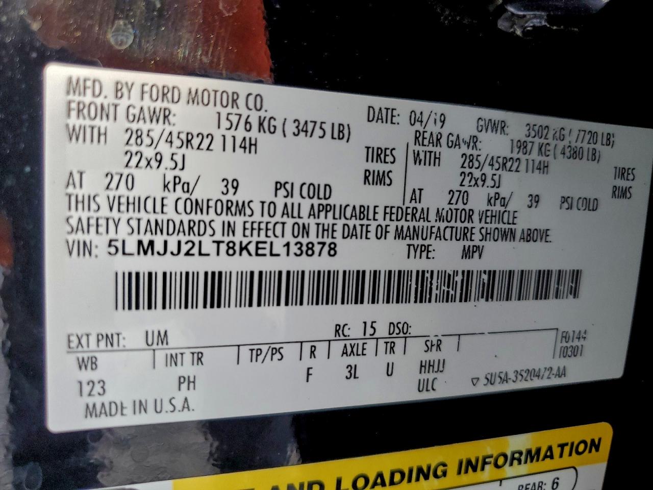 2019 Lincoln Navigator Reserve VIN: 5LMJJ2LT8KEL13878 Lot: 94290655